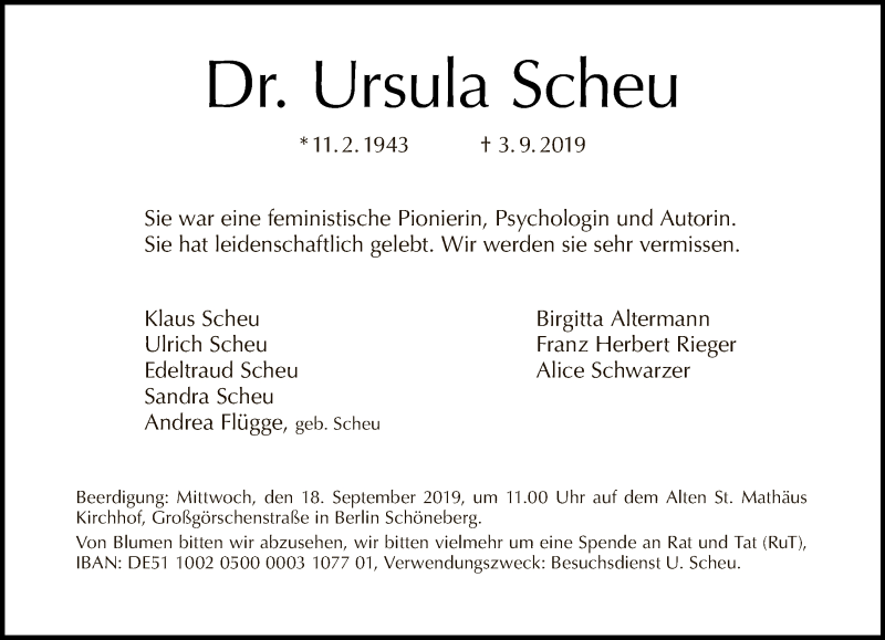  Traueranzeige für Ursula Scheu vom 15.09.2019 aus Tagesspiegel