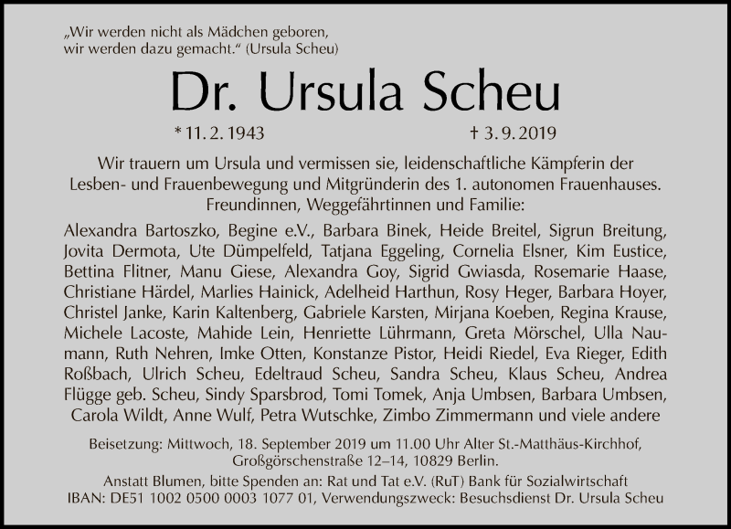  Traueranzeige für Ursula Scheu vom 15.09.2019 aus Tagesspiegel