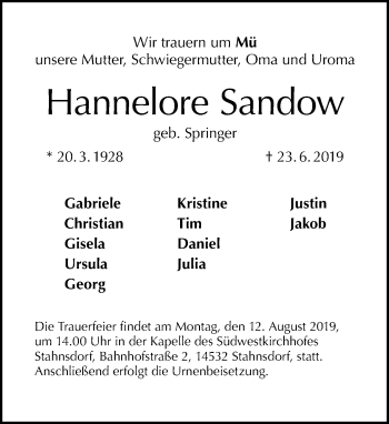 Traueranzeige von Hannelore Sandow 