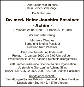 Traueranzeige von Heinz Joachim Passloer von Tagesspiegel