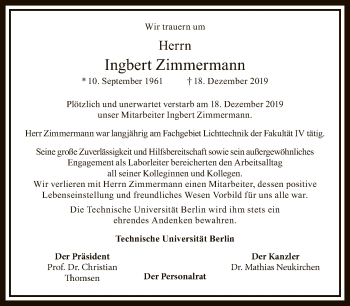 Traueranzeige von Ingbert Zimmermann von Tagesspiegel