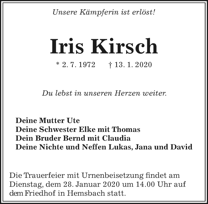  Traueranzeige für Iris Kirsch vom 22.01.2020 aus Tagesspiegel