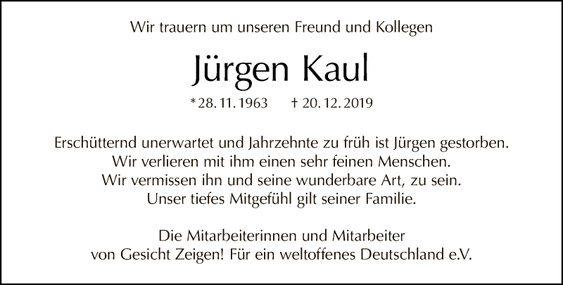  Traueranzeige für Jürgen Kaul vom 19.01.2020 aus Tagesspiegel