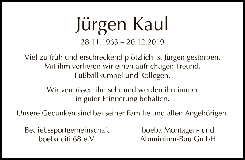  Traueranzeige für Jürgen Kaul vom 05.01.2020 aus Tagesspiegel