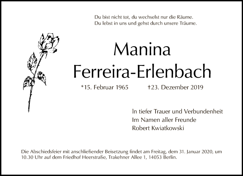  Traueranzeige für Manina Ferreira-Erlenbach vom 26.01.2020 aus Tagesspiegel