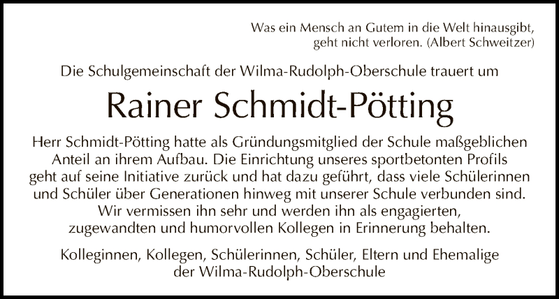  Traueranzeige für Rainer Schmidt-Pötting vom 19.01.2020 aus Tagesspiegel