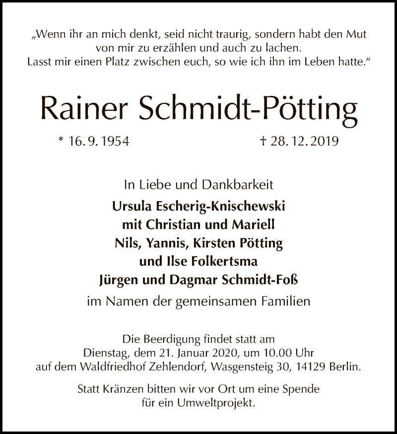  Traueranzeige für Rainer Schmidt-Pötting vom 12.01.2020 aus Tagesspiegel