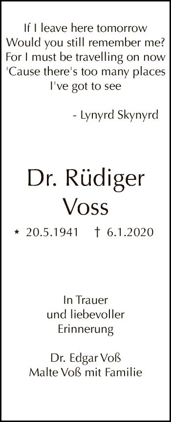 Traueranzeige von Rüdiger Voss von Tagesspiegel