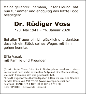 Traueranzeige von Rüdiger Voss von Tagesspiegel