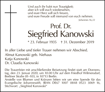 Traueranzeige von Siegfried Kanowski von Tagesspiegel