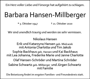 Traueranzeige von Barbara Hansen-Millberger von Tagesspiegel