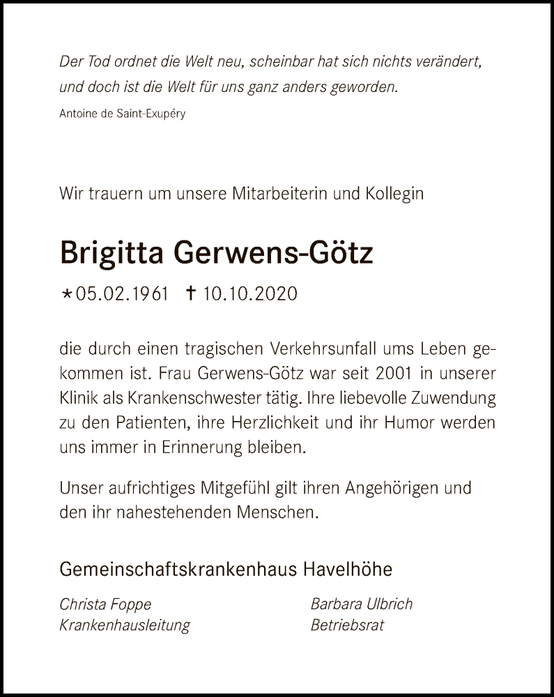  Traueranzeige für Brigitta Gerwens-Götz vom 18.10.2020 aus Tagesspiegel