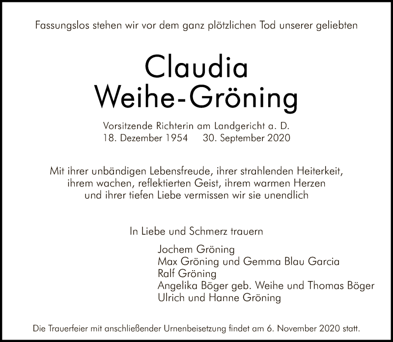  Traueranzeige für Claudia Weihe-Gröning vom 11.10.2020 aus Tagesspiegel