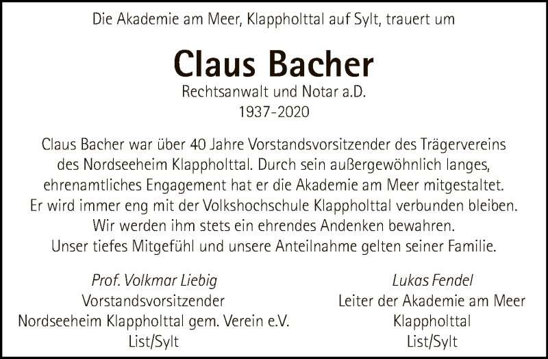  Traueranzeige für Claus Bacher vom 18.10.2020 aus Tagesspiegel