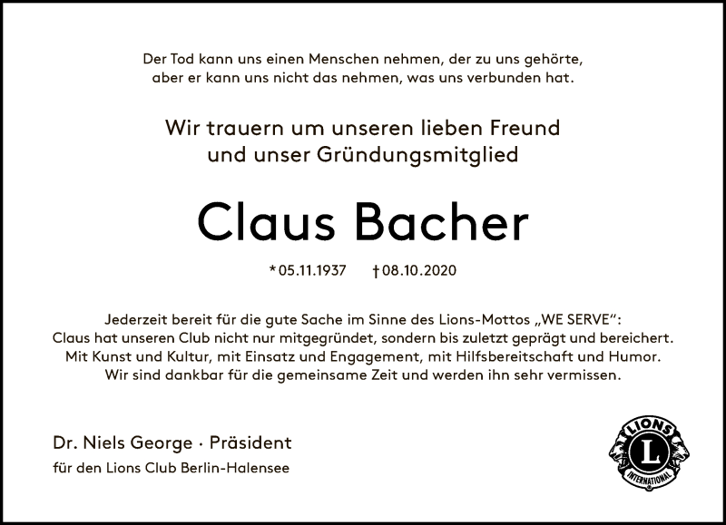  Traueranzeige für Claus Bacher vom 18.10.2020 aus Tagesspiegel
