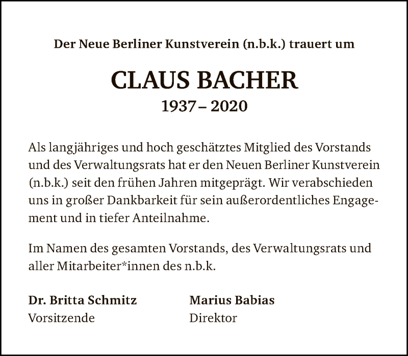  Traueranzeige für Claus Bacher vom 25.10.2020 aus Tagesspiegel