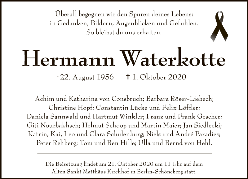  Traueranzeige für Hermann Waterkotte vom 18.10.2020 aus Tagesspiegel