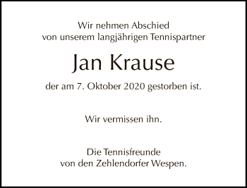 Traueranzeige von Jan Krause von Tagesspiegel