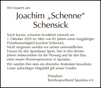 Traueranzeige von Joachim Schensick von Tagesspiegel