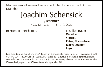 Traueranzeige von Joachim Schensick von Tagesspiegel