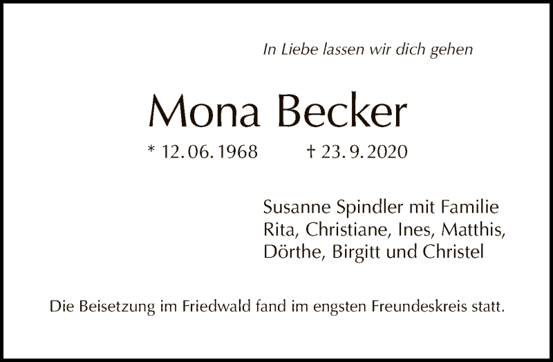  Traueranzeige für Mona Becker vom 25.10.2020 aus Tagesspiegel
