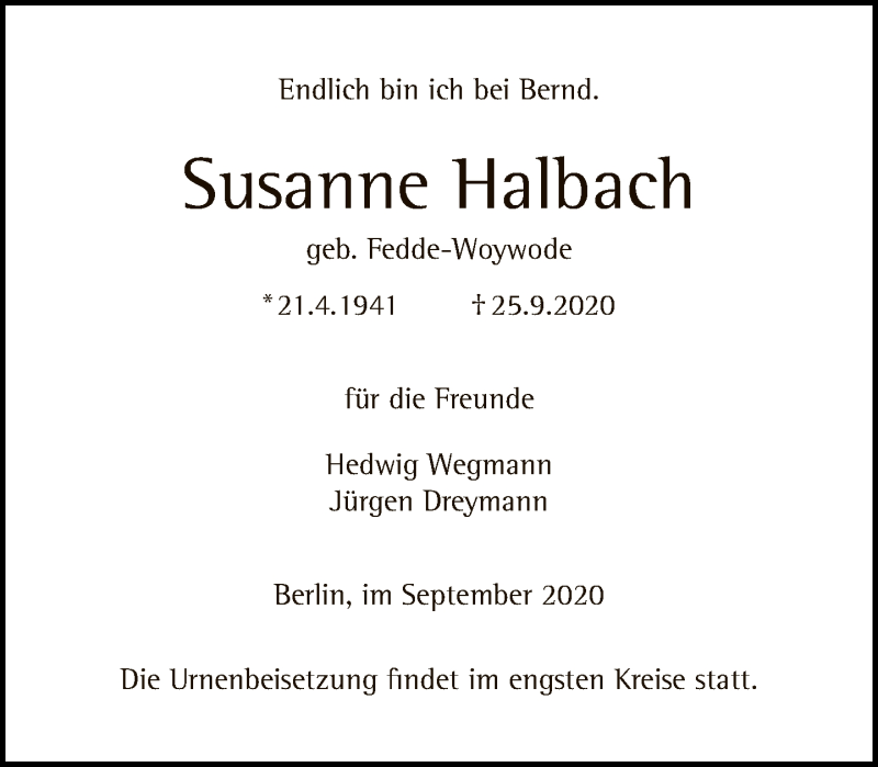  Traueranzeige für Susanne Halbach vom 04.10.2020 aus Tagesspiegel