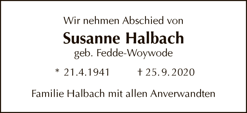  Traueranzeige für Susanne Halbach vom 04.10.2020 aus Tagesspiegel
