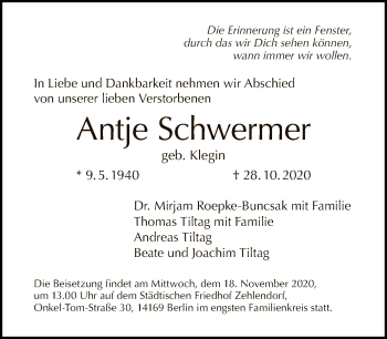 Traueranzeige von Antje Schwermer von Tagesspiegel