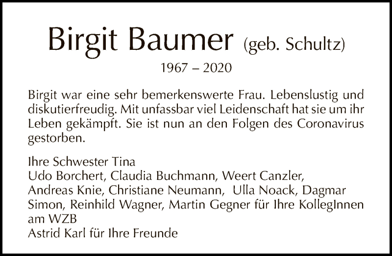  Traueranzeige für Birgit Baumer vom 22.11.2020 aus Tagesspiegel