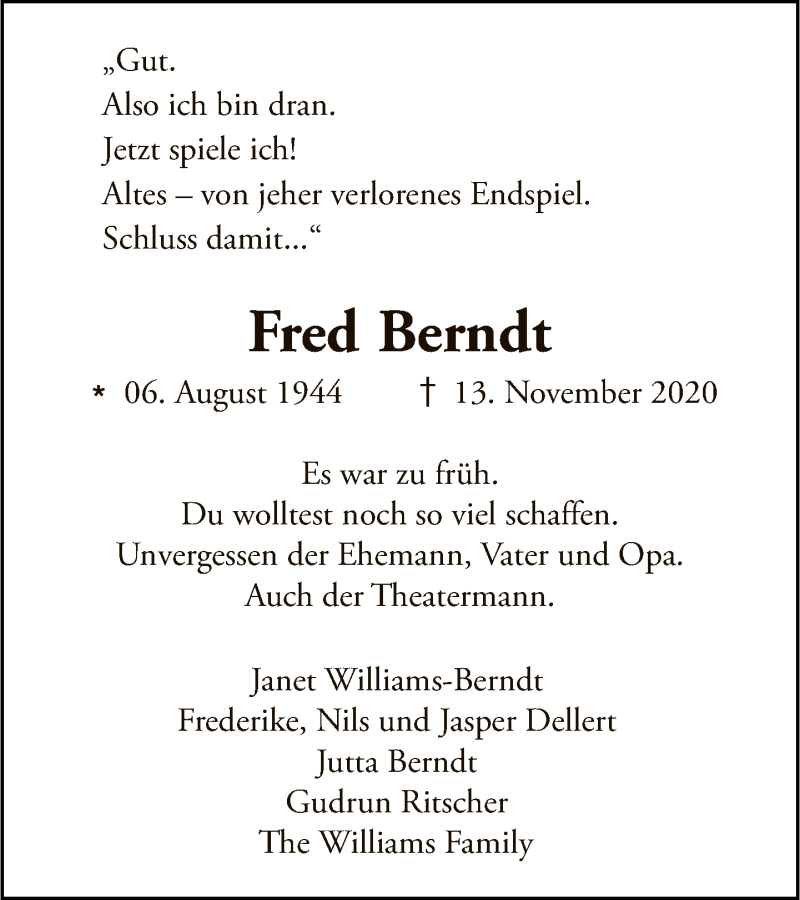  Traueranzeige für Fred Berndt vom 29.11.2020 aus Tagesspiegel