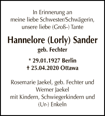 Traueranzeige von Hannelore Sander von Tagesspiegel