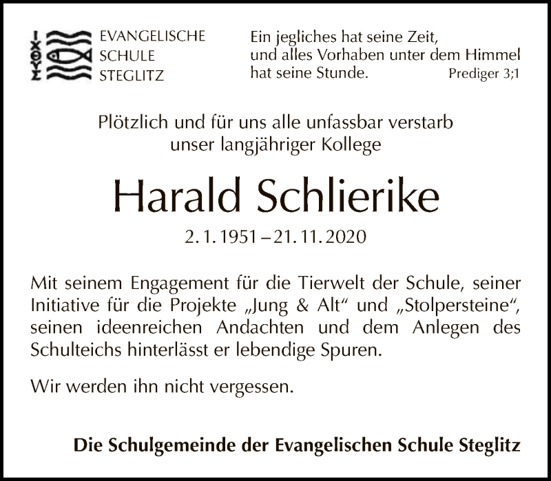  Traueranzeige für Harald Schlierike vom 29.11.2020 aus Tagesspiegel