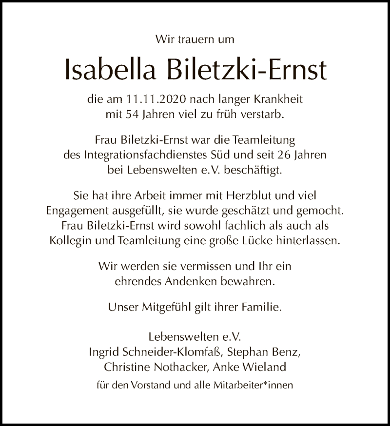 Traueranzeige für Isabella Biletzki-Ernst vom 29.11.2020 aus Tagesspiegel
