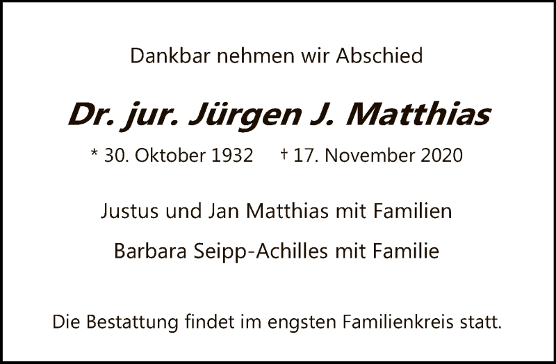  Traueranzeige für Jürgen J. Matthias vom 22.11.2020 aus Tagesspiegel