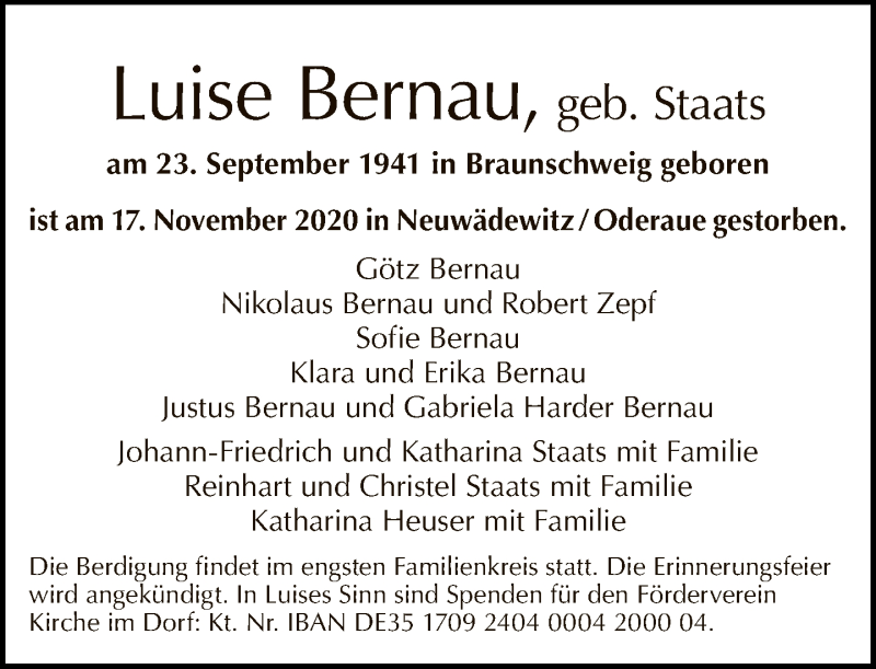  Traueranzeige für Luise Bernau vom 22.11.2020 aus Tagesspiegel