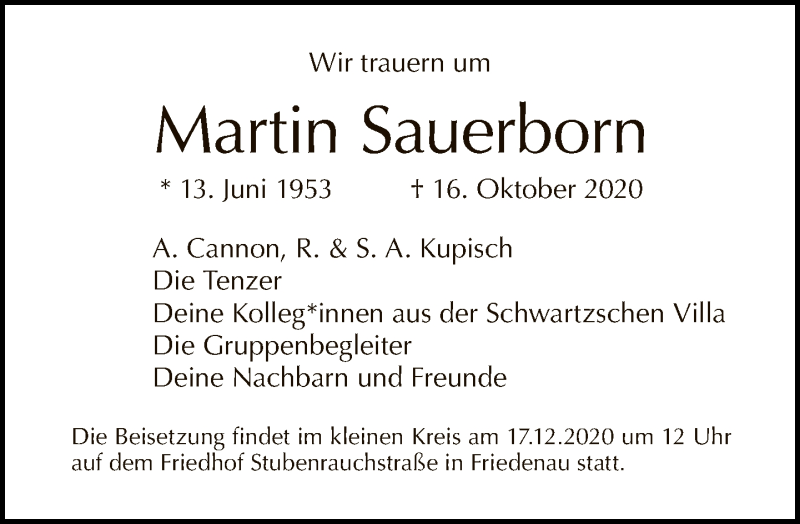  Traueranzeige für Martin Sauerborn vom 29.11.2020 aus Tagesspiegel