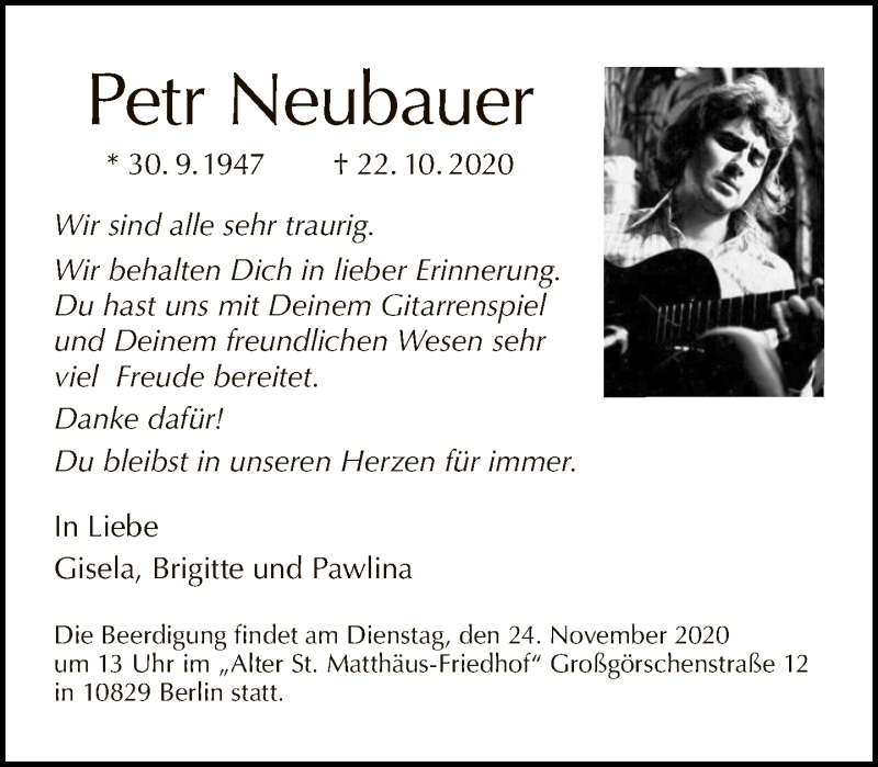  Traueranzeige für Petr Neubauer vom 08.11.2020 aus Tagesspiegel