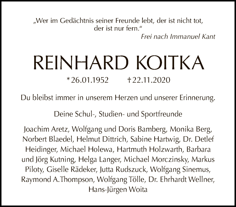  Traueranzeige für Reinhard Koitka vom 29.11.2020 aus Tagesspiegel