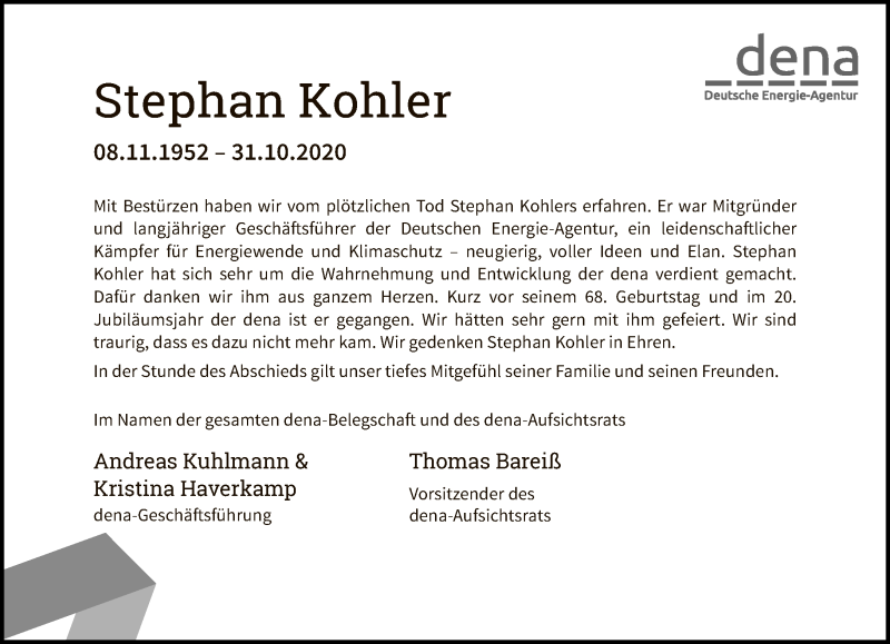  Traueranzeige für Stephan Kohler vom 08.11.2020 aus Tagesspiegel