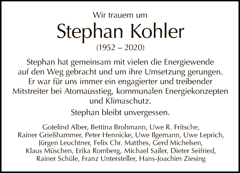  Traueranzeige für Stephan Kohler vom 08.11.2020 aus Tagesspiegel