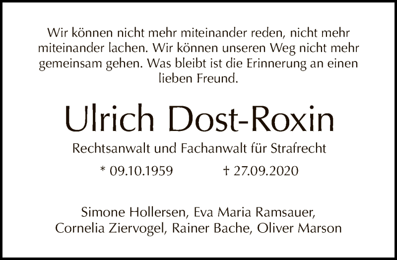  Traueranzeige für Ulrich Dost-Roxin vom 22.11.2020 aus Tagesspiegel