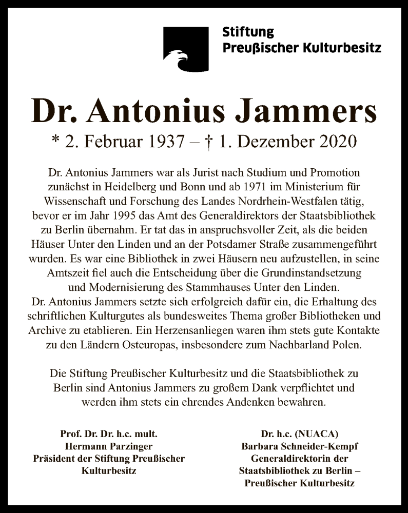  Traueranzeige für Dr.Antonius Jammers vom 13.12.2020 aus Tagesspiegel