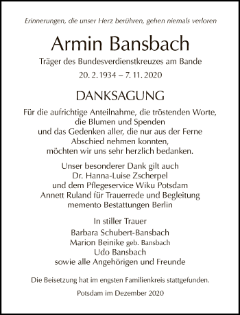 Traueranzeige von Armin Bansbach von Tagesspiegel