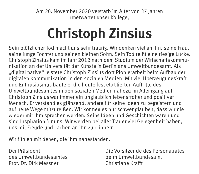  Traueranzeige für Christoph Zinsius vom 03.12.2020 aus Tagesspiegel