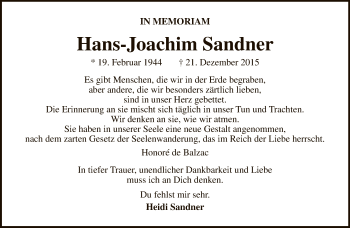 Traueranzeige von Hans-Joachim Sandner von Tagesspiegel