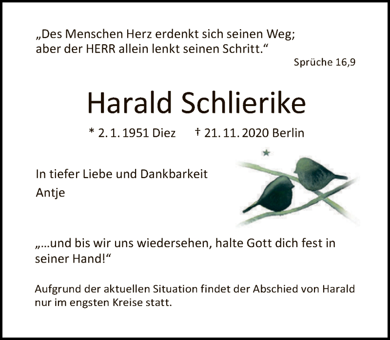  Traueranzeige für Harald Schlierike vom 06.12.2020 aus Tagesspiegel