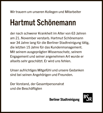 Traueranzeige von Hartmut Schönemann von Tagesspiegel