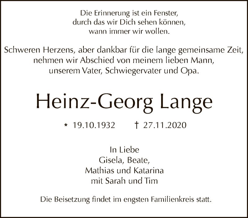  Traueranzeige für Heinz-Georg Lange vom 06.12.2020 aus Tagesspiegel