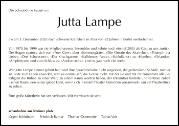 Traueranzeige von Jutta Lampe von Tagesspiegel