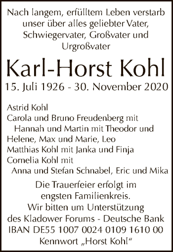Traueranzeige von Karl-Horst Kohl von Tagesspiegel